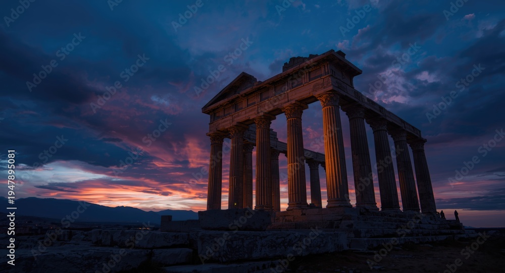 Obraz premium Ancient regal columns beneath a dramatic twilight sky presenting an atmosphere of mysterious beauty