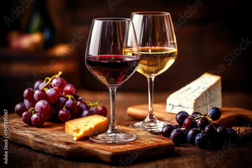 Two glasses of red and white wine with clusters of red and purple grapes and wedges of Swiss and blue cheese on rustic wooden boards, cozy inviting elegant still life