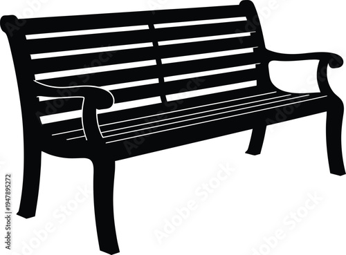 Black silhouette of a park bench with slatted seat and back white