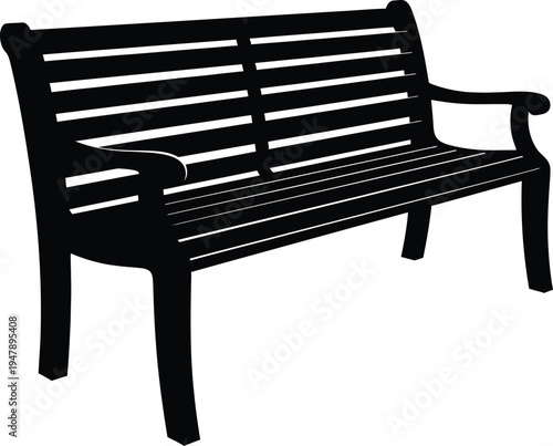 Black silhouette of a slatted park bench with curved armrests on a white background