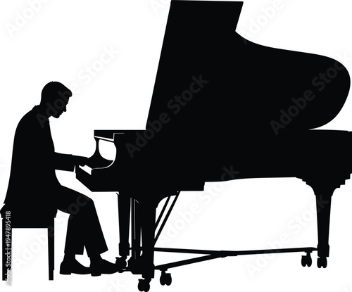 Silhouette of a professional male pianist playing a grand piano with open lid on white background for classical music concert and artistic performance posters
