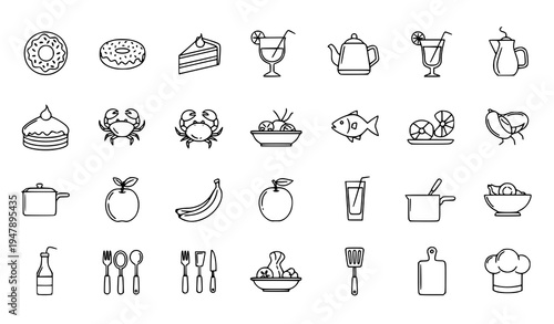 Food beverage bakery and kitchen outline icon collection restaurant menu line symbol vector set
