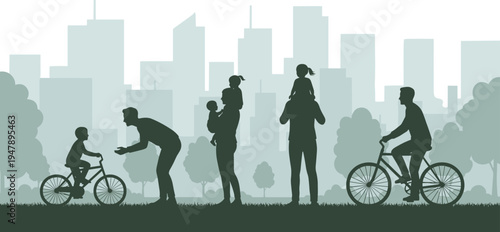 Silhouetted Happy Families and Active People Enjoying a Green City Park with Trees and Modern Urban Skyline Background for Healthy Lifestyle Concept