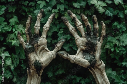 two dirt-stained skeletal hands rising above dense ivy, fingers splayed in an eerie unsettling reach