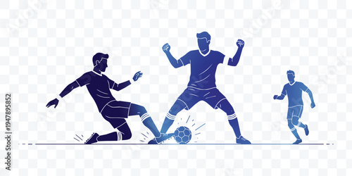 Dynamic Soccer Football Players in Action Vector Illustration Tackle, Kick and Celebration Scene