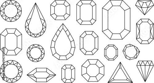 Various gemstone and diamond shapes black white
