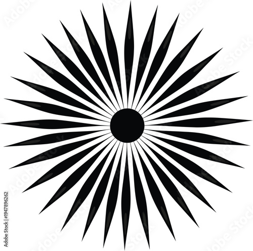 Black starburst with sharp pointed rays and central circle white abstract symbol
