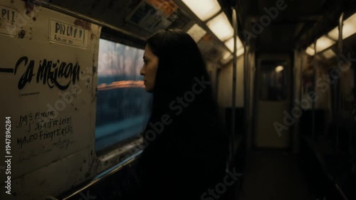 Woman Riding Alone on Train Car.