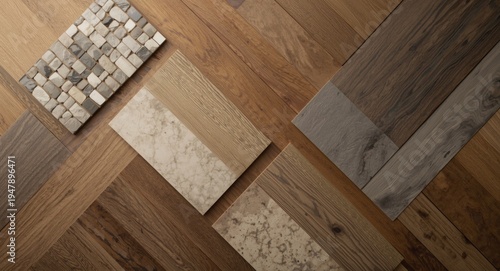 Home remodeling with wood and stone laminate samples displayed on rustic wooden background