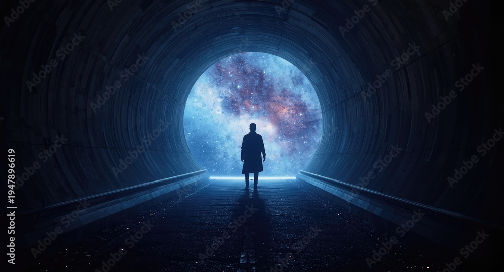 Fototapeta premium Dark figure positioned at tunnel threshold with celestial space and vivid light
