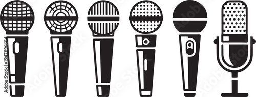 Various microphone on white background microphones symbols audio music recording