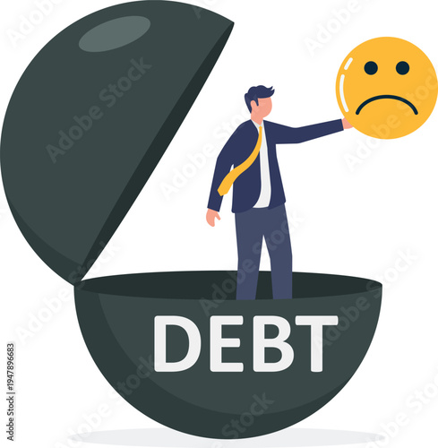 Businessman standing inside a giant black DEBT ball holding a sad emoticon representing loss