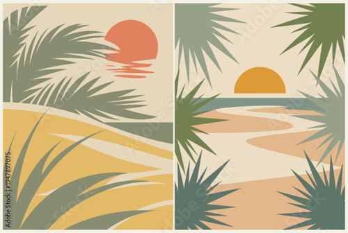 Sunset bathes sandy shores in warm hues. Palm fronds frame the tranquil coastal scene. Soft waves roll toward the shore gently. Earth-toned palette evokes calm and relaxation