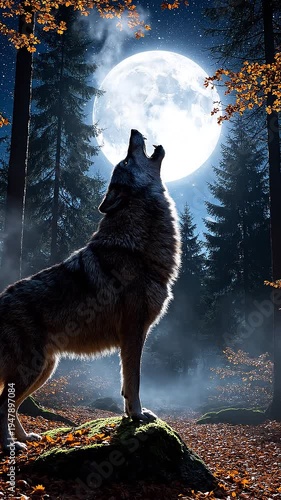 Wolf howling at full moon night.