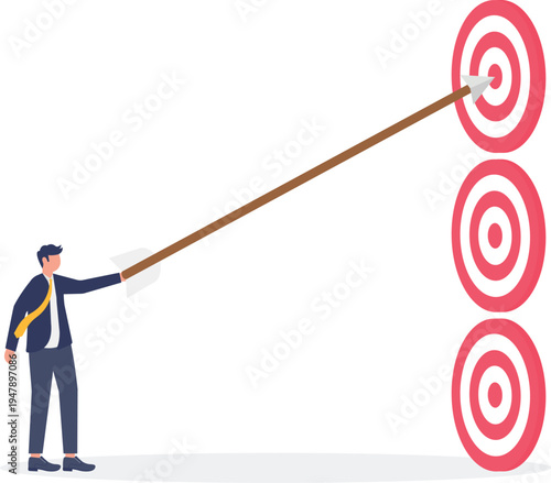 Businessman using a very long pole to hit a target representing long-term goal setting and precision