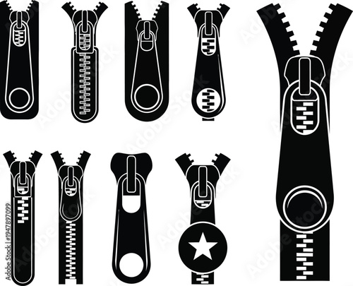 Collection of black zipper with various pull tabs and open teeth fastener closure clothing