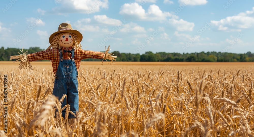 Naklejka premium Charming scarecrow standing proudly in the golden harvest field