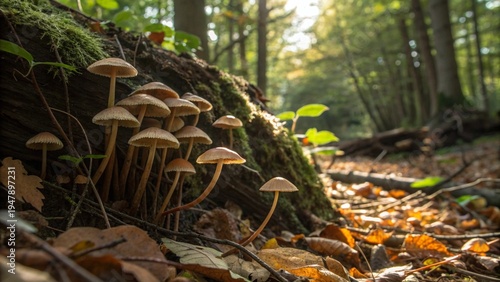 Mushrooms Growing on Fallen Log in Forest