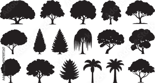 Various tree silhouettes on white background black