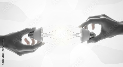 Two hands holding a light bulb, with a white background and a soft focus effect.