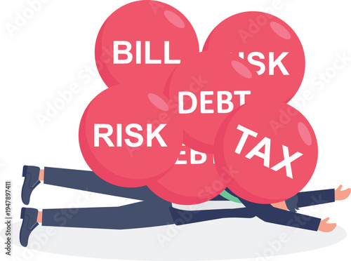 Professional man being crushed under large red balls labeled BILL, RISK, DEBT, and TAX representing stress