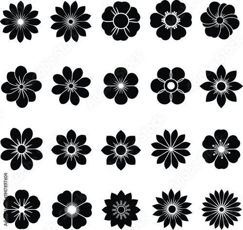 Collection of twenty black floral silhouette on white background flower