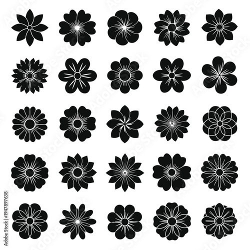 Collection of twenty five black flower with varied petal symbol floral bloom