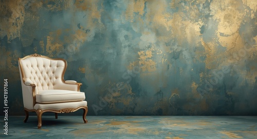 Classic vintage armchair in cream tone placed in front of a textured gold and teal backdrop with space for text