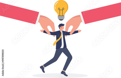 Hands pulling a businessman in opposite directions representing office conflict and stress