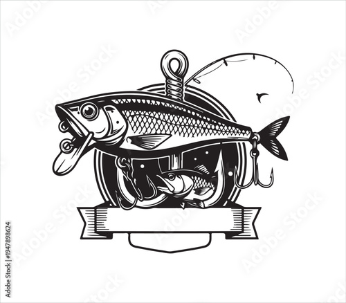 Black and white illustration of fishing bucket filled with various caught fish