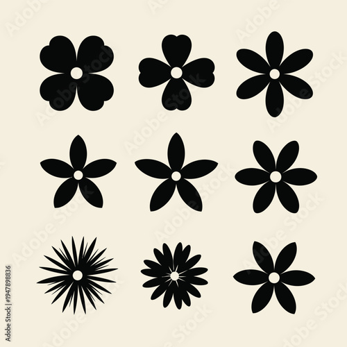 Nine black stylized flower on a cream background symbol white