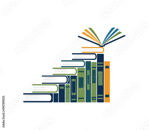Colorful stack of books illustration with open book on top