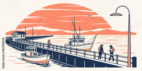 People walk along a pier at sunset Vector