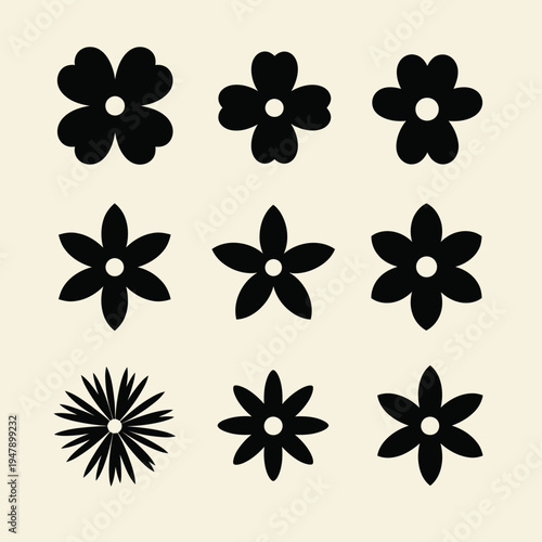 Nine black stylized flower with white centers on a cream background symbol