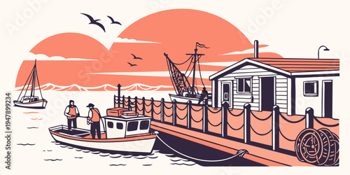 A dock with a boat next to a small house Vector