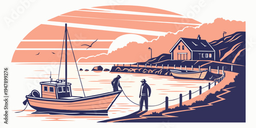 A boat is docked at a marina during sunset Vector