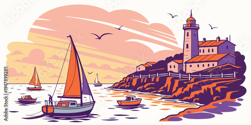 A sailboat and lighthouse on a rocky coastline Vector