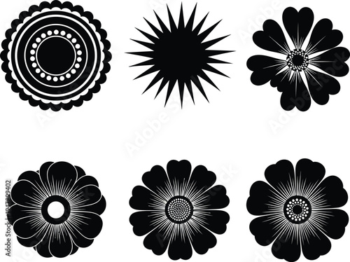 Six black of flowers and a circular on white background pattern