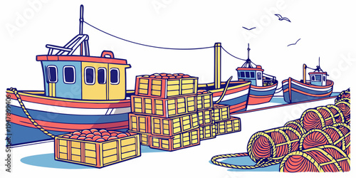 A boat is docked at a harbor with crates of lobsters Vector