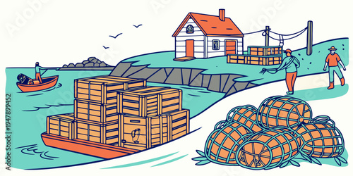 A cargo ship transporting crates on a body of water near a house Vector