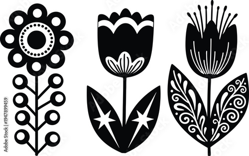Three black and white stylized floral with decorative flower tulip botanical floral black and white simple