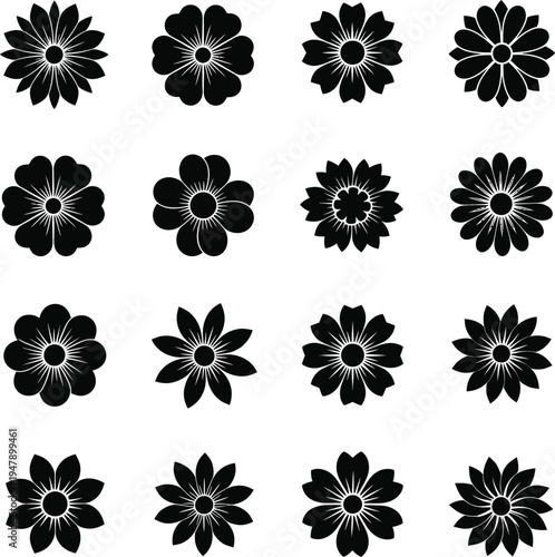 Sixteen black silhouette flower with varied petal shapes and central circles on a white background symbol