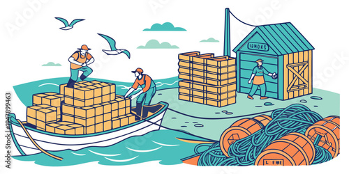 Fishermen unloading boxes of fish near a house Vector