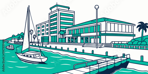 A sailboat is docked in a marina with buildings nearby Vector