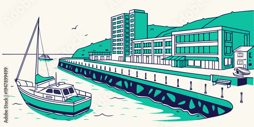 A boat is docked at a marina near a large building Vector