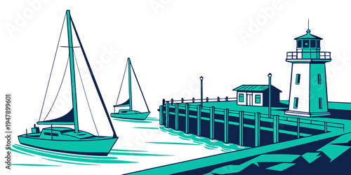A sailboat and lighthouse by the dock Vector
