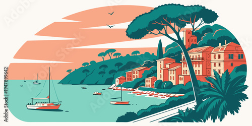 A serene coastal town with a sailboat on the water Vector