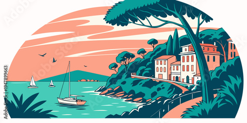 A serene coastal scene with a large house and boats Vector