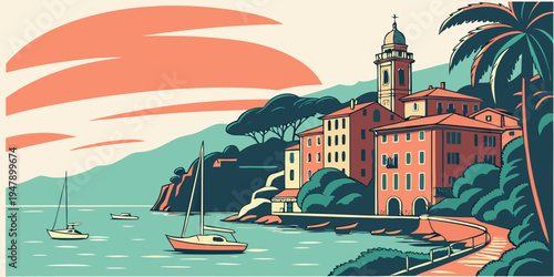 A large building on a hillside near a body of water Vector