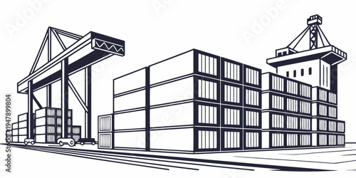 A large cargo port with cranes and shipping containers Vector